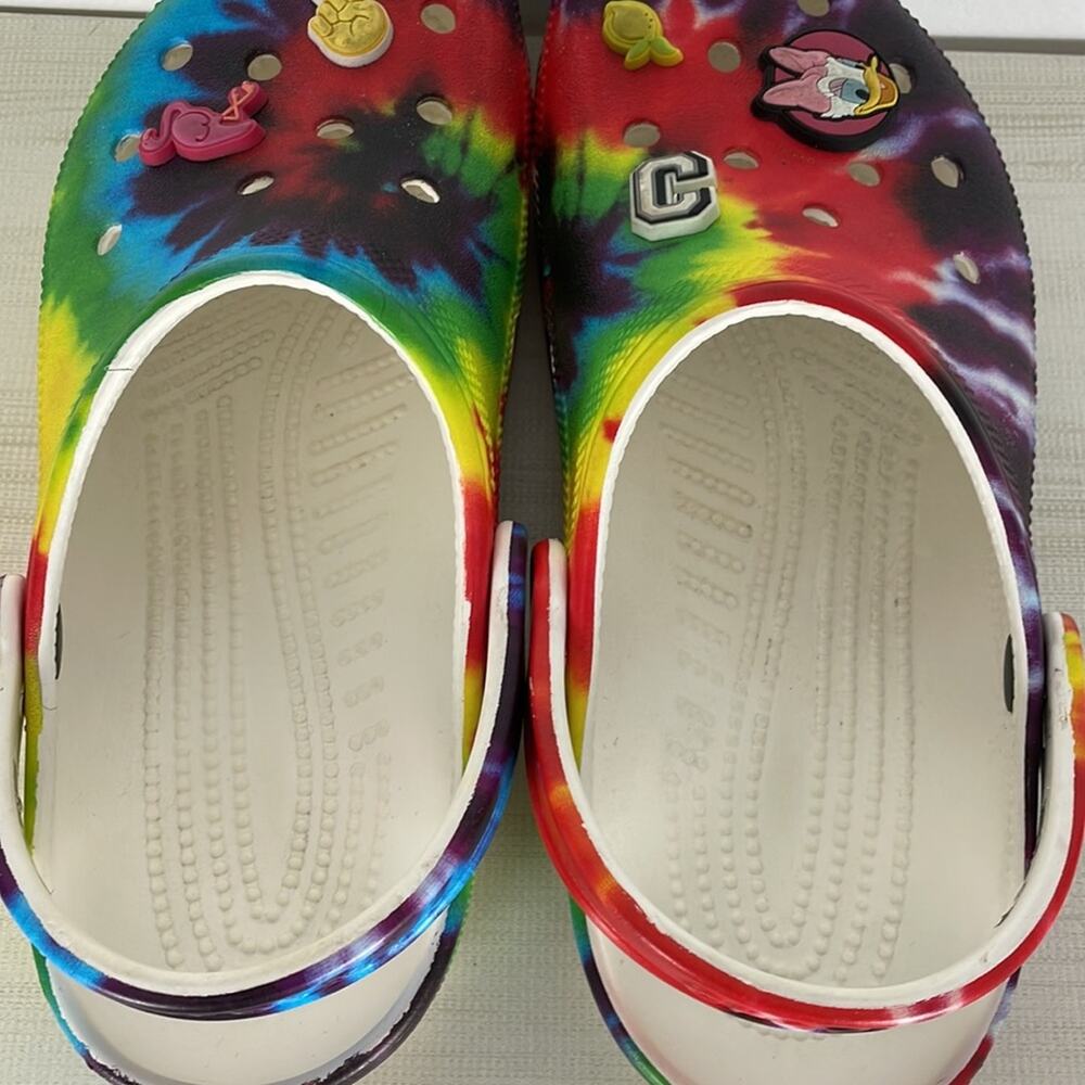 CROCS multicolor unisex slide on clogs with some charms Size Women 9 men 7 - Picture 9 of 11